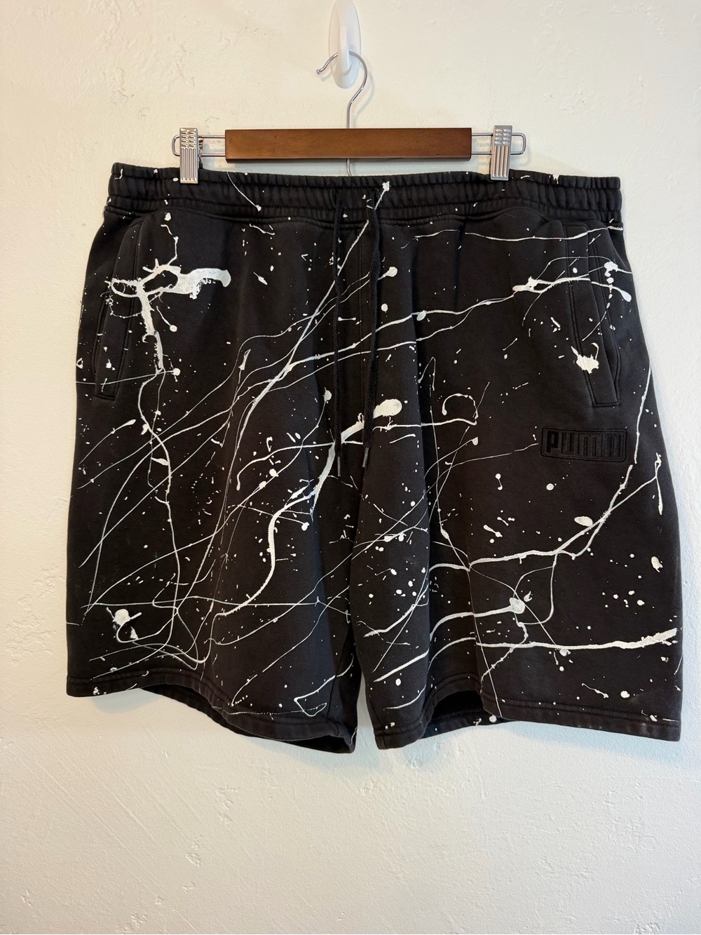 PUMA Men’s Black Swim Shorts with  diy White Paint-Splatter Print size xxl